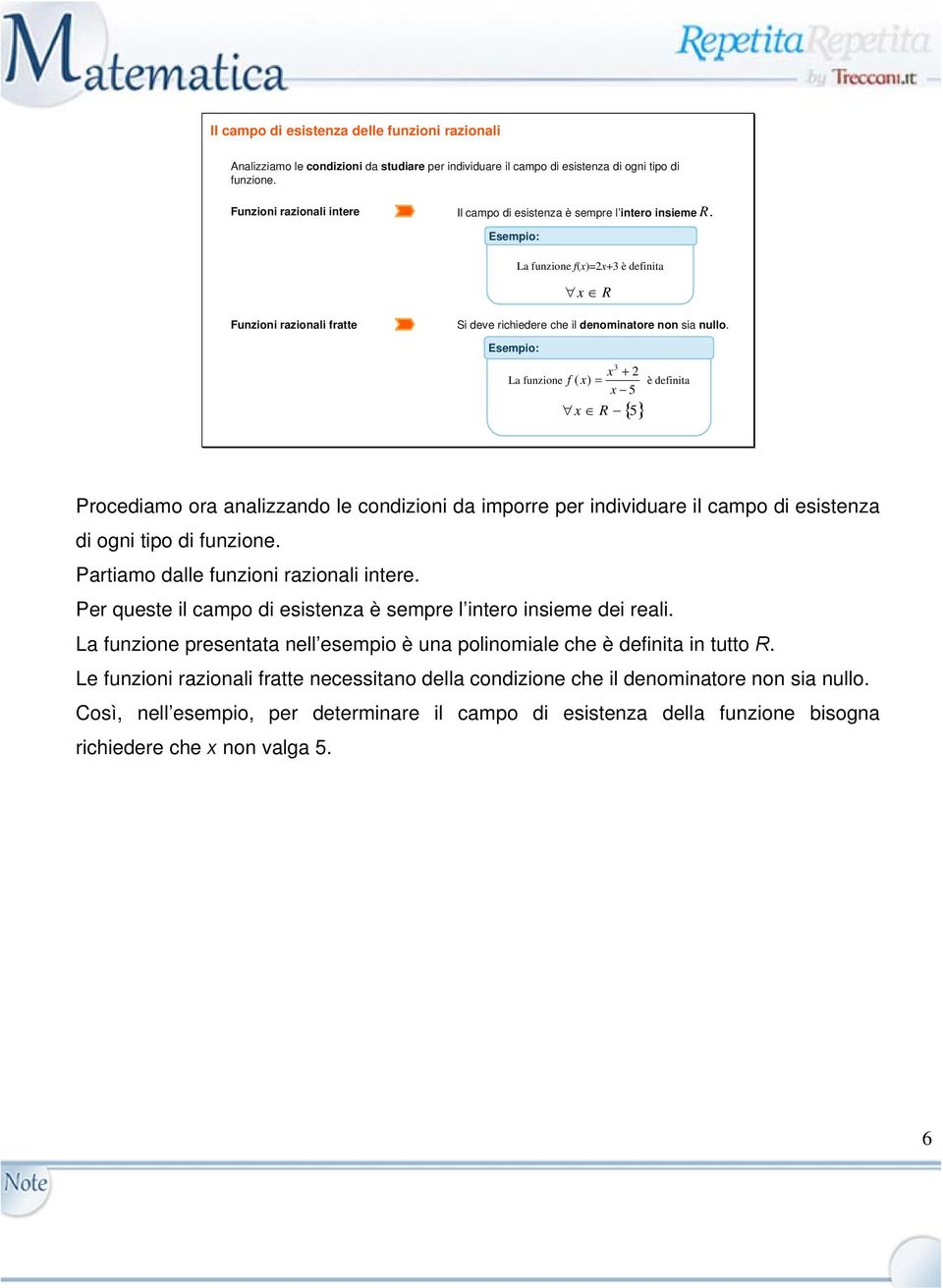 3 x 2 La funzione f ( x) è definita x 5 x R 5 Procediamo ora analizzando le condizioni da imporre per individuare il campo di esistenza di ogni tipo di funzione.