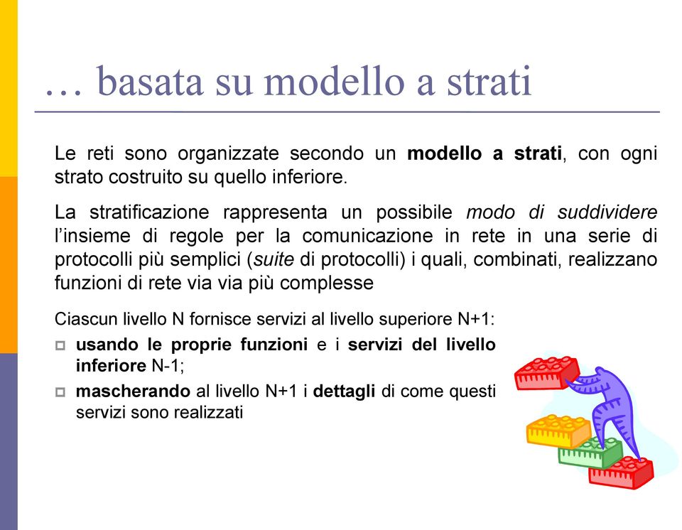 semplici (suite di protocolli) i quali, combinati, realizzano funzioni di rete via via più complesse Ciascun livello N fornisce servizi al