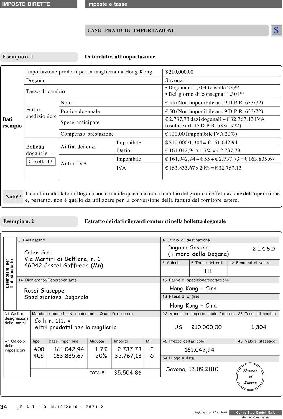 9 D.P.R. 633/72) spedizioniere 2.737,73 dazi doganali + 32.767,13 IVA Spese anticipate (escluse art. 15 D.P.R. 633/1972) Compenso prestazione 100,00 (imponibile IVA 20%) Bolletta doganale Casella 47 Ai fini dei dazi Ai fini IVA Imponibile $ 210.