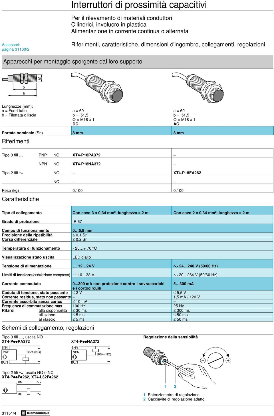 Ø = M18 x 1 Ø = M18 x 1 DC AC Portata nominal (Sn) 8 mm 8 mm Rifrimnti Tipo 3 fili a PNP NO XT4-P18PA372 NPN NO XT4-P18NA372 Tipo 2 fili c NO XT4-P18FA262 NC Pso (kg) 0,100 0,100 Carattristich Tipo