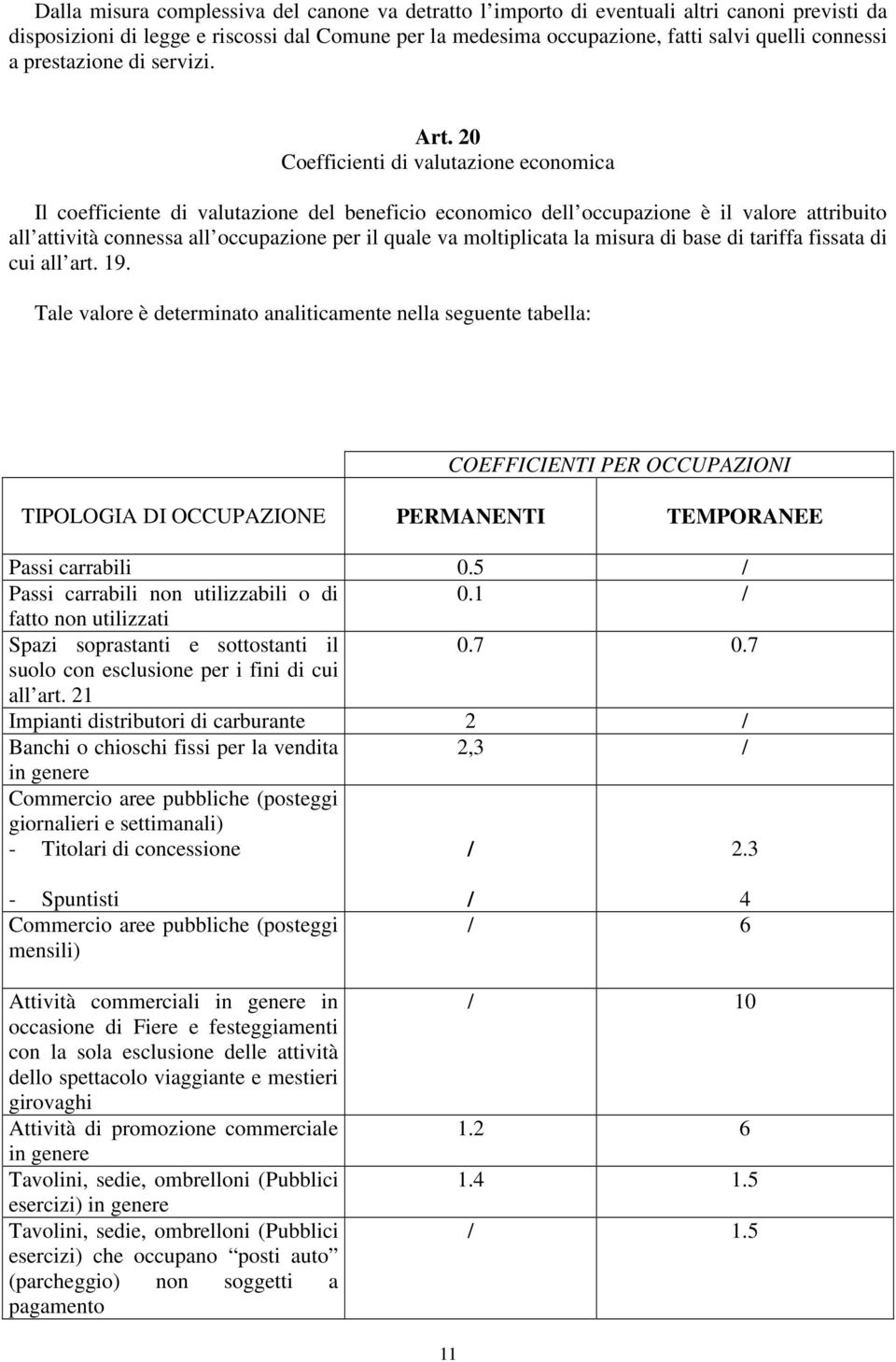 20 Coefficienti di valutazione economica Il coefficiente di valutazione del beneficio economico dell occupazione è il valore attribuito all attività connessa all occupazione per il quale va