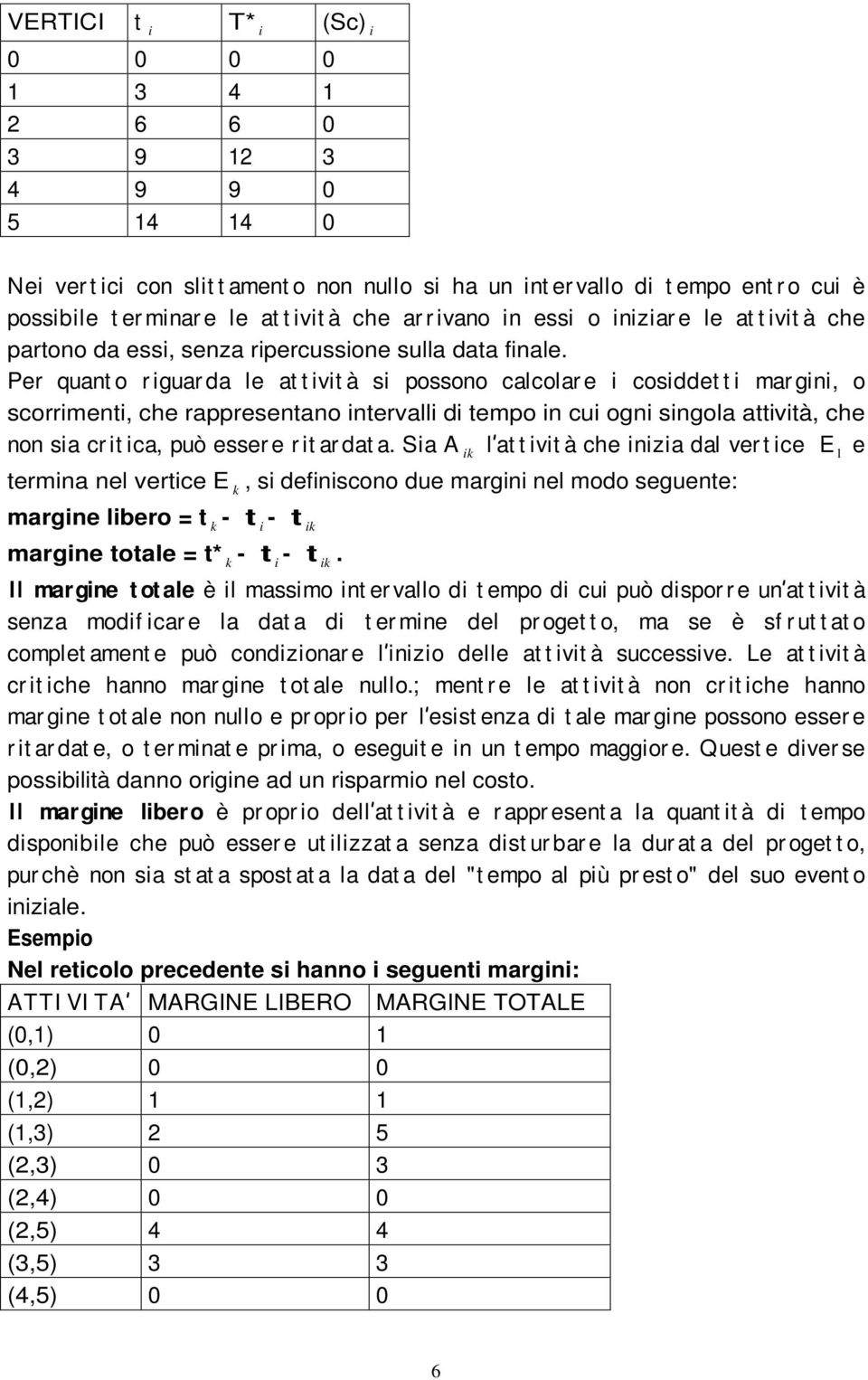 Per quant o r iguar da le at t ivit à si possono calcolar e i cosiddet t i mar gini, o scorrimenti, che rappresentano intervalli di tempo in cui ogni singola attività, che non sia cr it ica, può