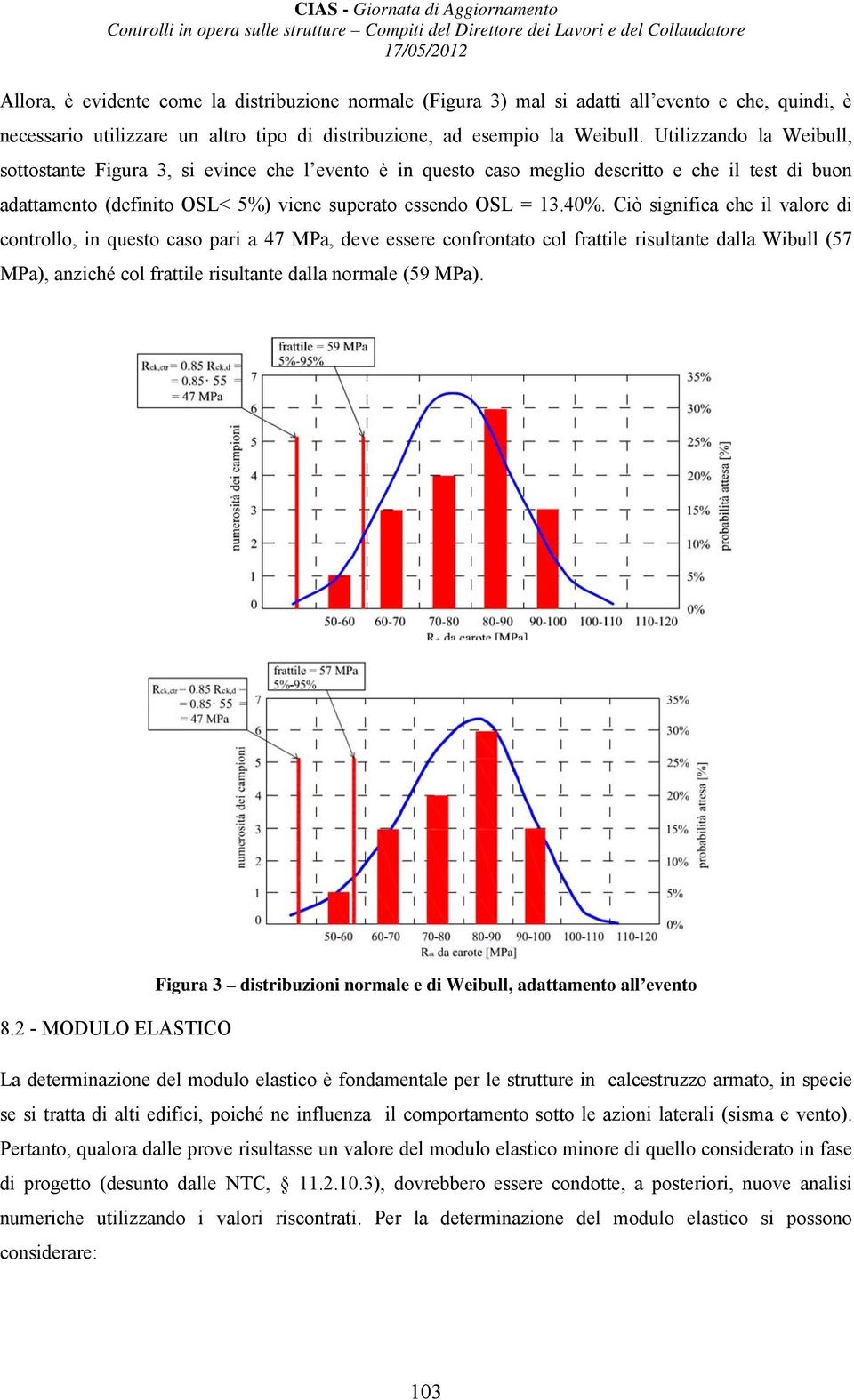 Ciò significa che il valore di controllo, in questo caso pari a 47 MPa, deve essere confrontato col frattile risultante dalla Wibull (57 MPa), anziché col frattile risultante dalla normale (59 MPa).