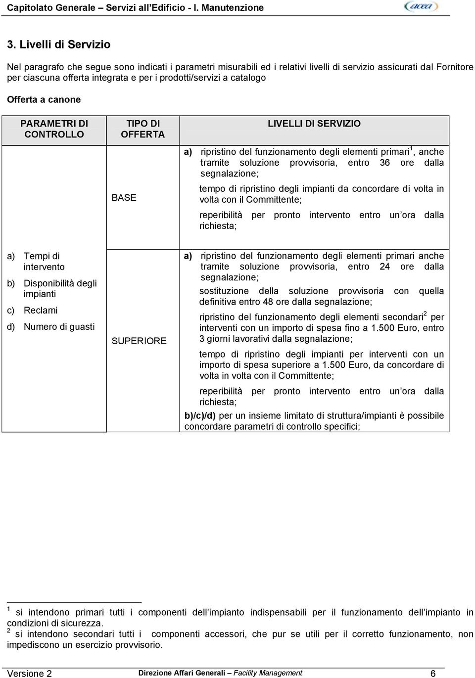 catalogo Offerta a canone PARAMETRI DI CONTROLLO TIPO DI OFFERTA BASE LIVELLI DI SERVIZIO a) ripristino del funzionamento degli elementi primari 1, anche tramite soluzione provvisoria, entro 36 ore