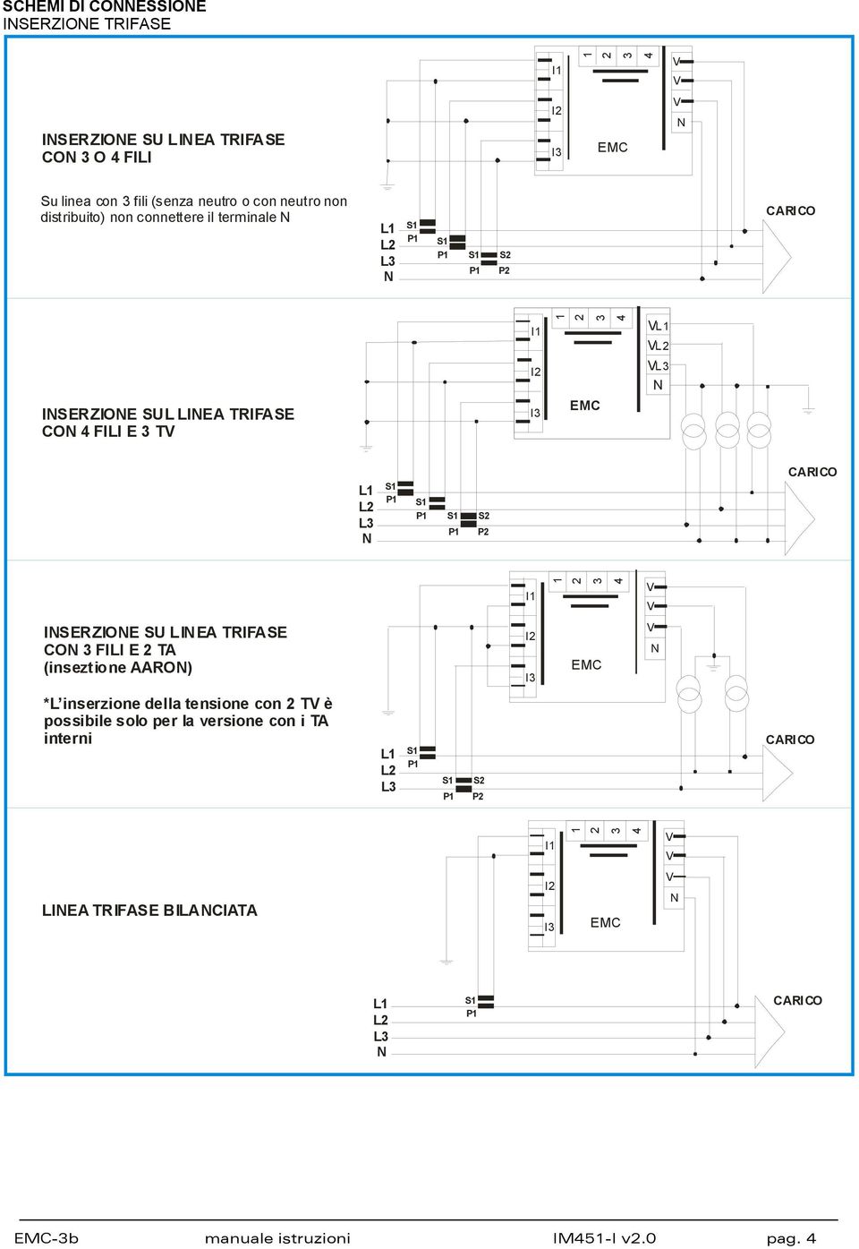 CARICO I1 1 2 3 4 ISERZIOE SU LIEA TRIFASE CO 3 FILI E 2 TA (inseztione AARO) I2 I3 *L inserzione della tensione con 2 T è possibile solo per la