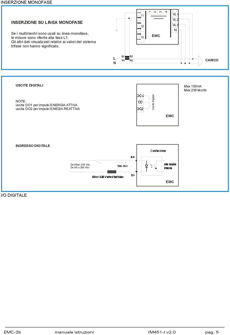 I1 I2 I3 1 2 3 4 L1 L2 L3 L S2 P2 CARICO USCITE DIGITALI Max 150mA Max 230ac/dc OTE: uscita DO1 per impulsi EERGIA ATTIA