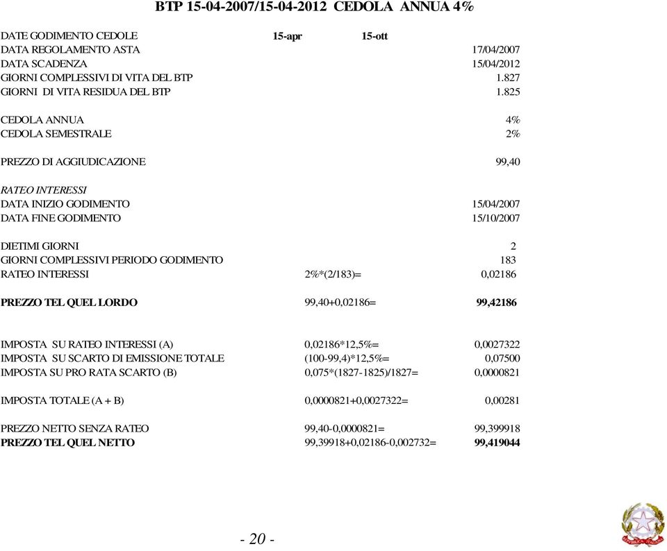 825 CEDOLA ANNUA 4% CEDOLA SEMESTRALE 2% PREZZO DI AGGIUDICAZIONE 99,40 RATEO INTERESSI DATA INIZIO GODIMENTO 15/04/2007 DATA FINE GODIMENTO 15/10/2007 DIETIMI GIORNI 2 GIORNI COMPLESSIVI PERIODO