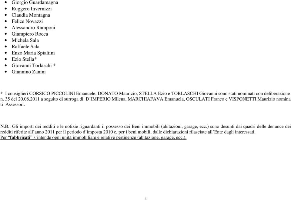 2011 a seguito di surroga di D IMPERIO Milena, MARCHIAFAVA Emanuela, OSCULATI Franco e VISPONETTI Maurizio nomina ti Assessori. N.B.