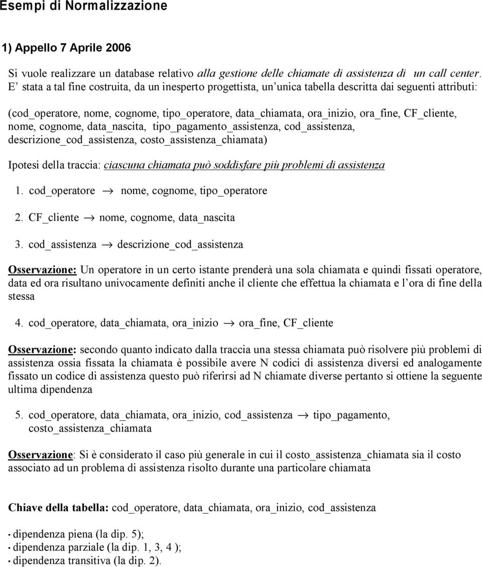 CF_cliente, nome, cognome, data_nascita, tipo_pagamento_assistenza, cod_assistenza, descrizione_cod_assistenza, costo_assistenza_chiamata) Ipotesi della traccia: ciascuna chiamata può soddisfare più