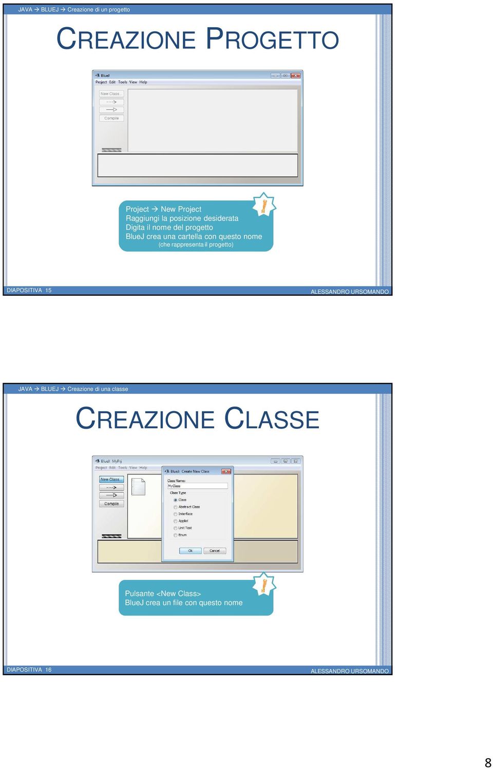 nome (che rappresenta il progetto) DIAPOSITIVA 15 JAVA BLUEJ Creazione di una classe