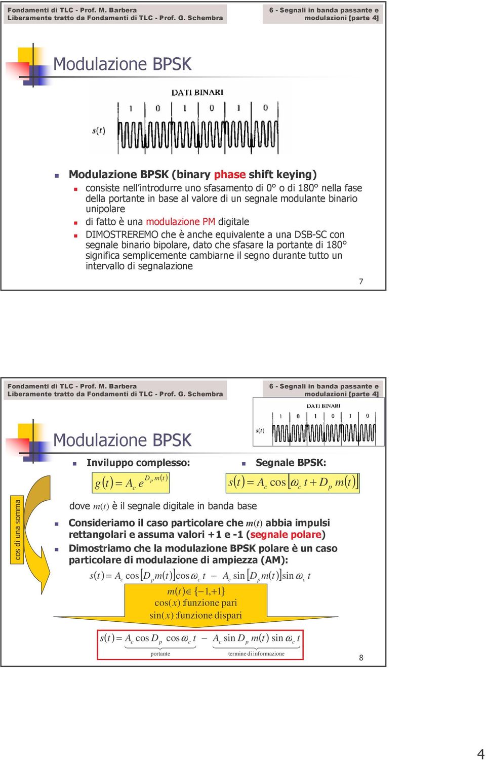 di segnalazione 7 Modulazione BSK Inviluppo omplesso: ( ) g = A e Dp m ( ) s Segnale BSK: [ ] ( ) = A os ω D m( ) + p os di una somma dove m() è il segnale digiale in banda base Consideriamo il aso