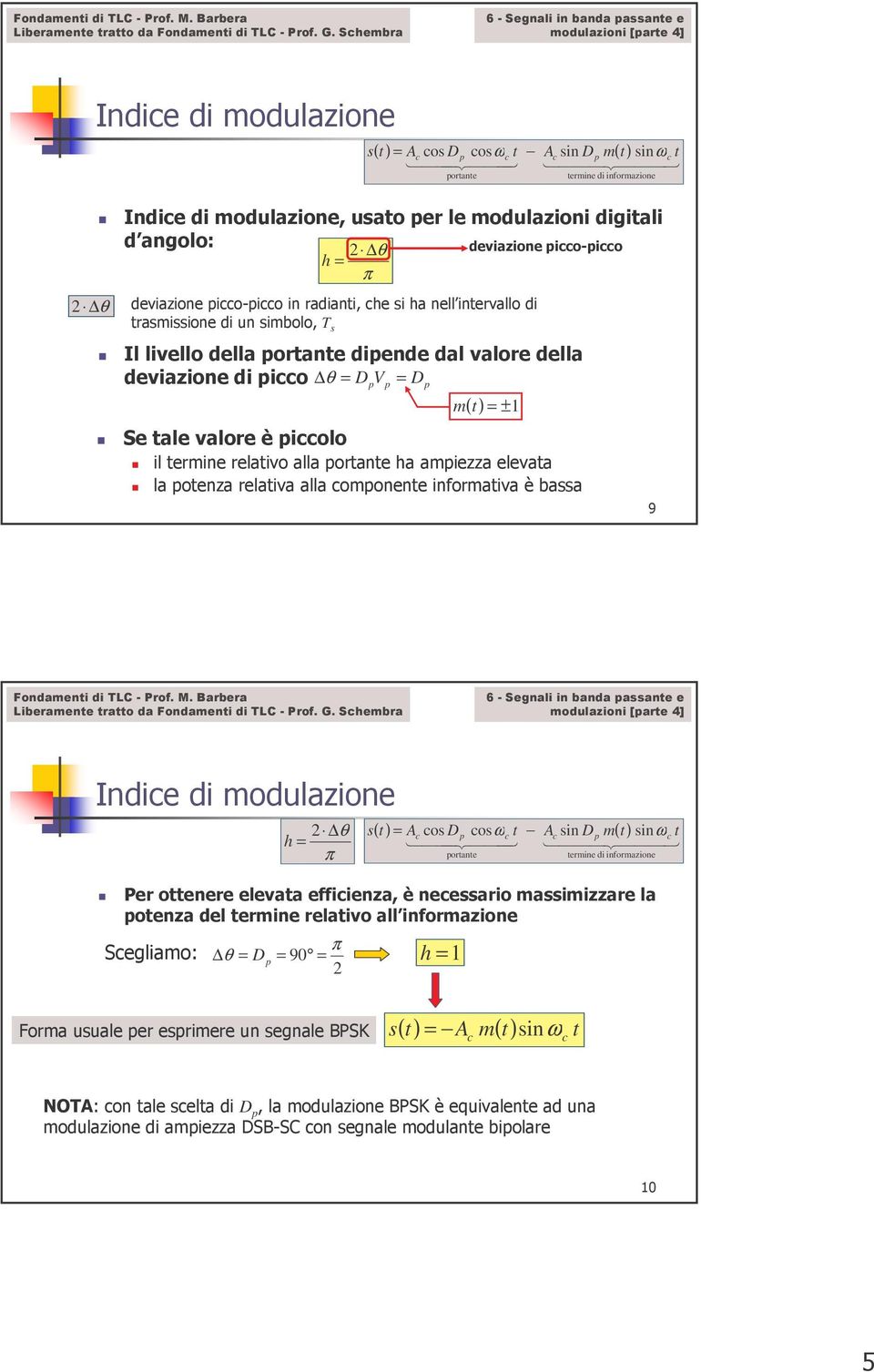 è piolo il ermine relaivo alla porane ha ampiezza elevaa la poenza relaiva alla omponene informaiva è bassa 9 Indie di modulazione h = θ π s( ) = A os Dp osω A sin Dp m( ) sinω 144444 3 14444 443