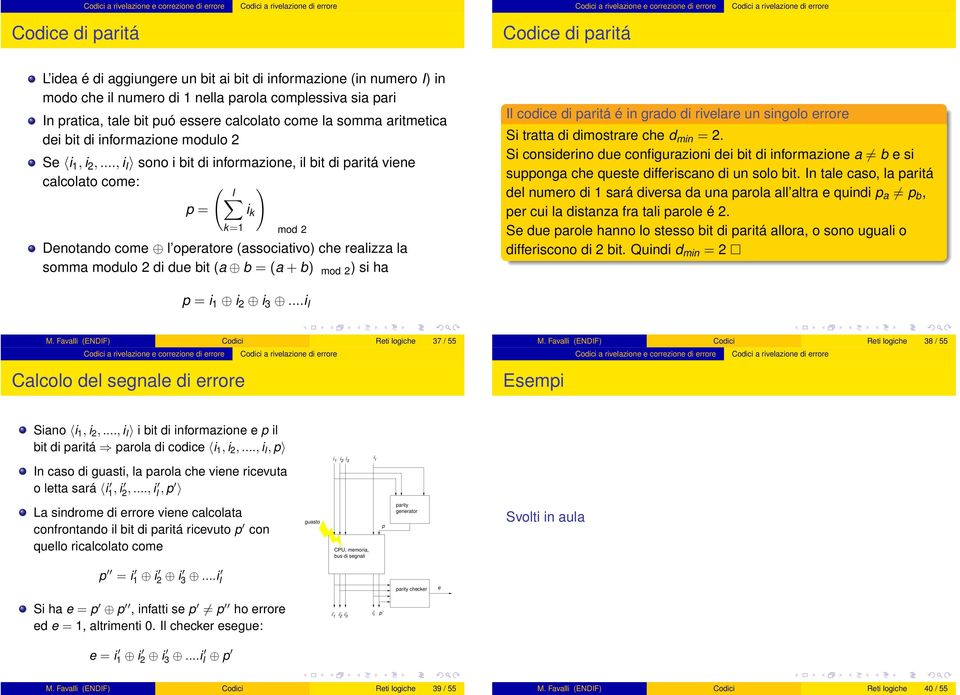 .., i I sono i bit di informazione, il bit di paritá viene calcolato come: ( I p = k=1 i k ) mod 2 Denotando come l operatore (associativo) che realizza la somma modulo 2 di due bit (a b = (a + b)