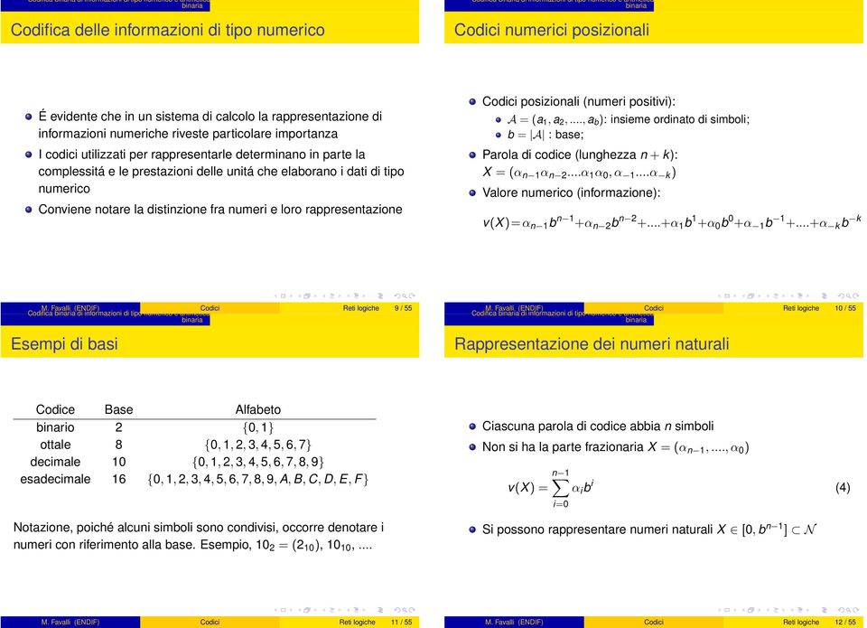 unitá che elaborano i dati di tipo numerico Conviene notare la distinzione fra numeri e loro rappresentazione Codici posizionali (numeri positivi): A = (a 1, a 2,.