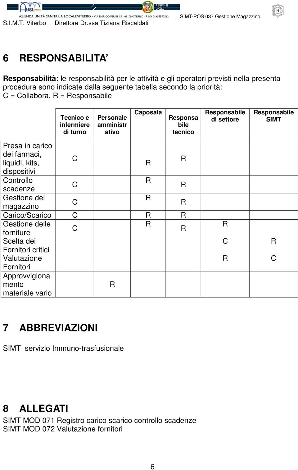 la priorità: = ollabora, = esponsabile Tecnico e infermiere di turno Personale amministr ativo aposala esponsa bile tecnico esponsabile di settore esponsabile SIMT Presa in carico dei