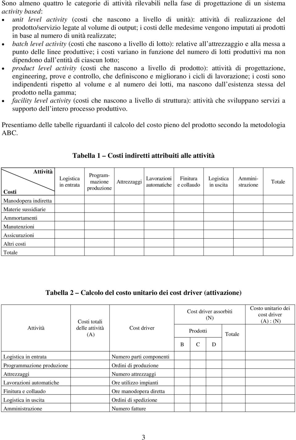 lotto): relative all attrezzaggio e alla messa a punto delle linee produttive; i costi variano in funzione del numero di lotti produttivi ma non dipendono dall entità di ciascun lotto; product level