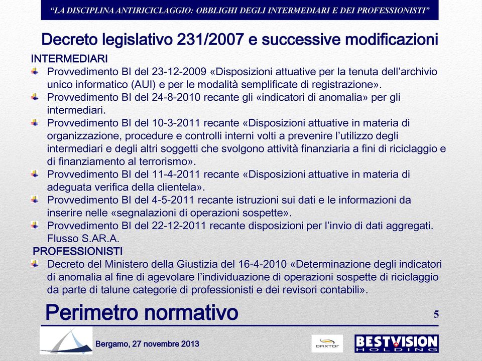 Provvedimento BI del 10-3-2011 recante «Disposizioni attuative in materia di organizzazione, procedure e controlli interni volti a prevenire l utilizzo degli intermediari e degli altri soggetti che