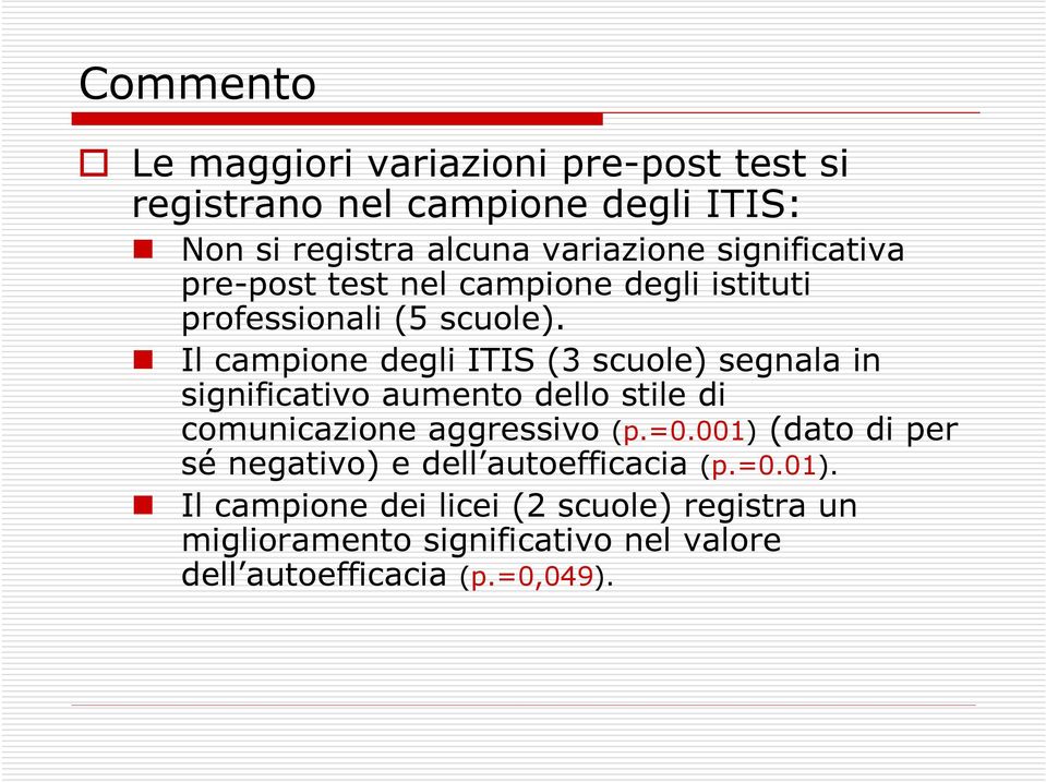 Il campione degli ITIS (3 scuole) segnala in significativo aumento dello stile di comunicazione aggressivo (p.=0.