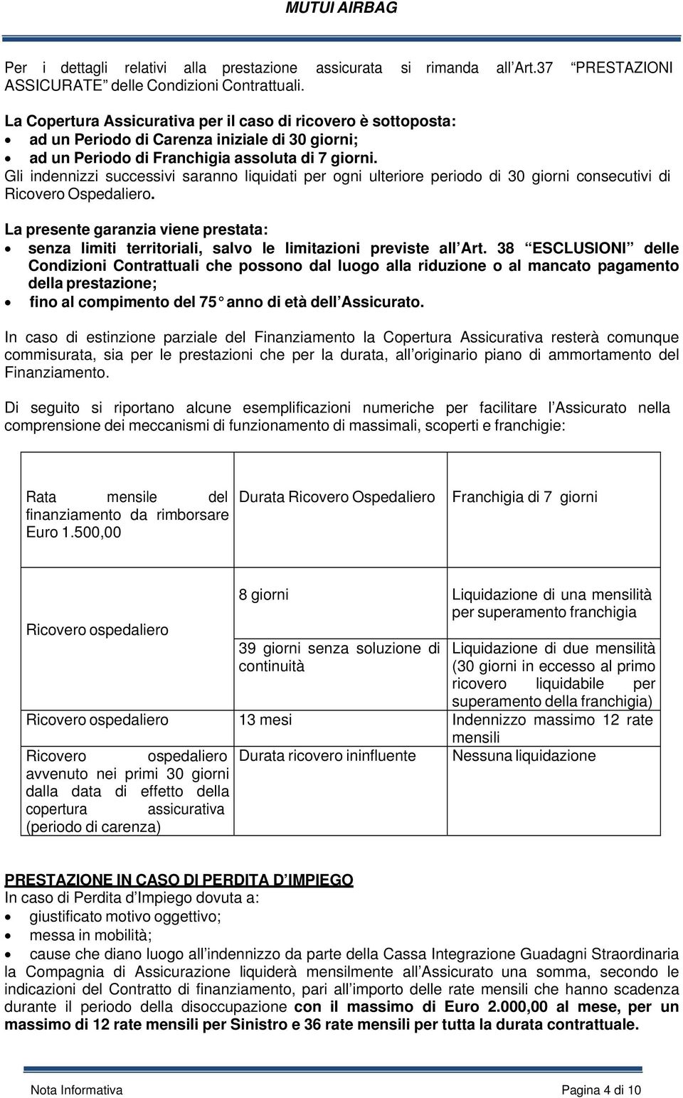 Gli indennizzi successivi saranno liquidati per ogni ulteriore periodo di 30 giorni consecutivi di Ricovero Ospedaliero.