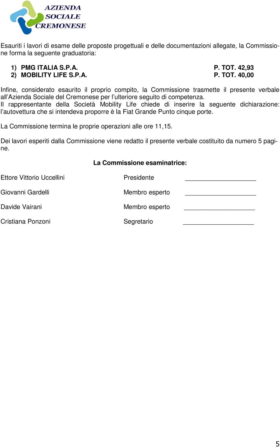 0,00 Infine, considerato esaurito il proprio compito, la Commissione trasmette il presente verbale all Azienda Sociale del Cremonese per l ulteriore seguito di competenza.