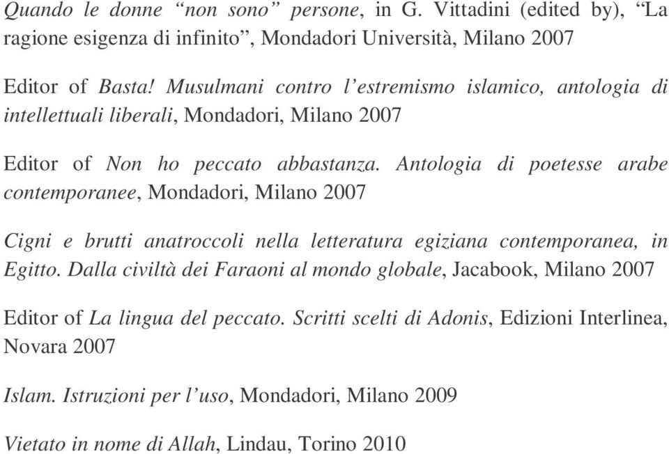 Antologia di poetesse arabe contemporanee, Mondadori, Milano 2007 Cigni e brutti anatroccoli nella letteratura egiziana contemporanea, in Egitto.