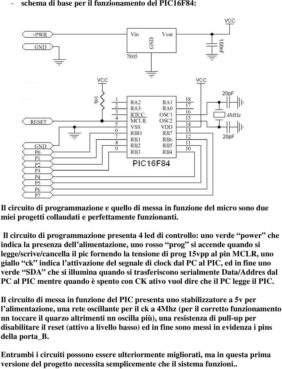 tensione di prog 15vpp al pin MCLR, uno giallo ck indica l attivazione del segnale di clock dal PC al PIC, ed in fine uno verde SDA che si illumina quando si trasferiscono serialmente Data/Addres dal