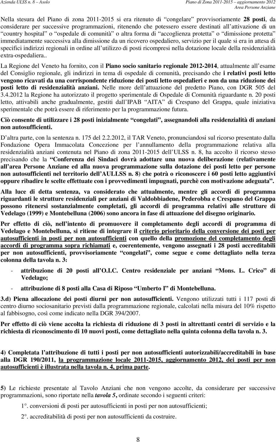 ospedaliero, servizio per il quale si era in attesa di specifici indirizzi regionali in ordine all utilizzo di posti ricompresi nella dotazione locale della residenzialità extra-ospedaliera.