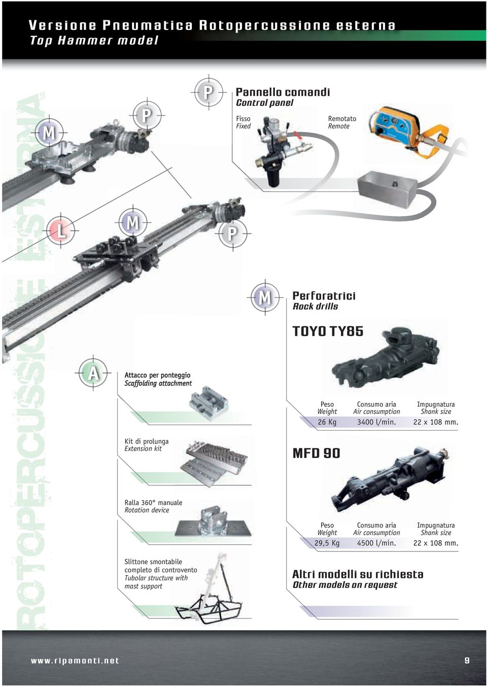 l/min. 22 x 108 mm. eso Weight Consumo aria Air consumption Impugnatura Shank size 29,5 Kg 4500 l/min. 22 x 108 mm. MFD 90 Ralla 360 manuale Rotation device Slittone smontabile completo di controvento Tubolar structure with mast support w w w.