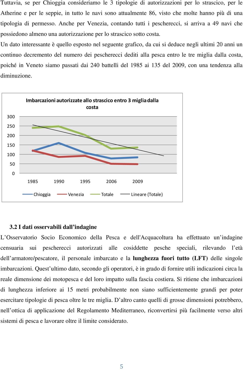 Un dato interessante è quello esposto nel seguente grafico, da cui si deduce negli ultimi 20 anni un continuo decremento del numero dei pescherecci dediti alla pesca entro le tre miglia dalla costa,