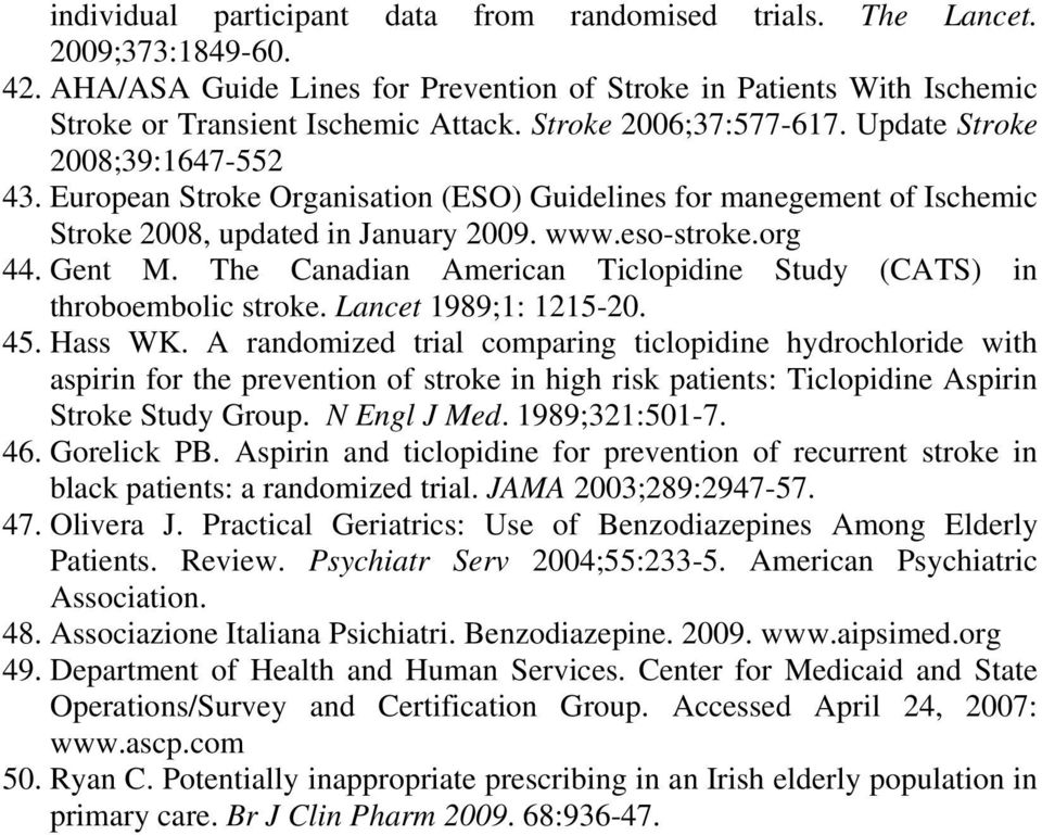 The Canadian American Ticlopidine Study (CATS) in throboembolic stroke. Lancet 1989;1: 1215-20. 45. Hass WK.