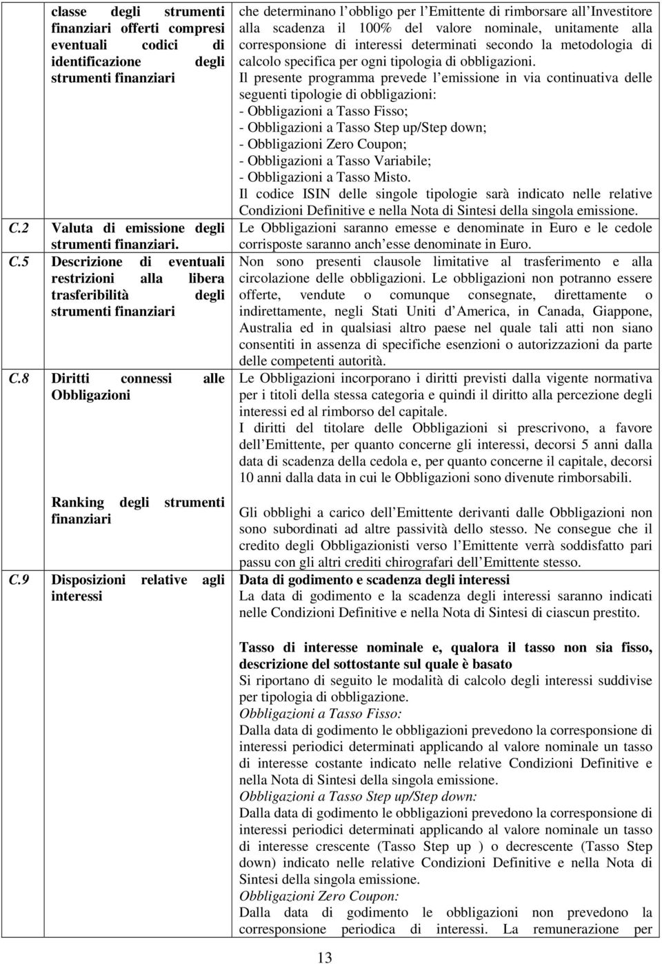 8 Diritti connessi alle Obbligazioni Ranking degli strumenti finanziari C.