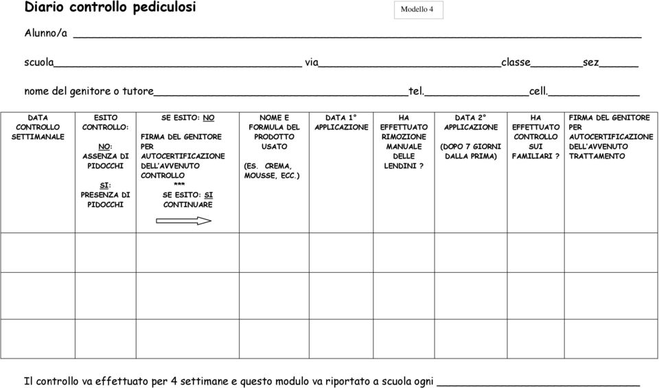 CONTROLLO *** SE ESITO: SI CONTINUARE NOME E FORMULA DEL PRODOTTO USATO (ES. CREMA, MOUSSE, ECC.) DATA 1 APPLICAZIONE HA EFFETTUATO RIMOZIONE MANUALE DELLE LENDINI?