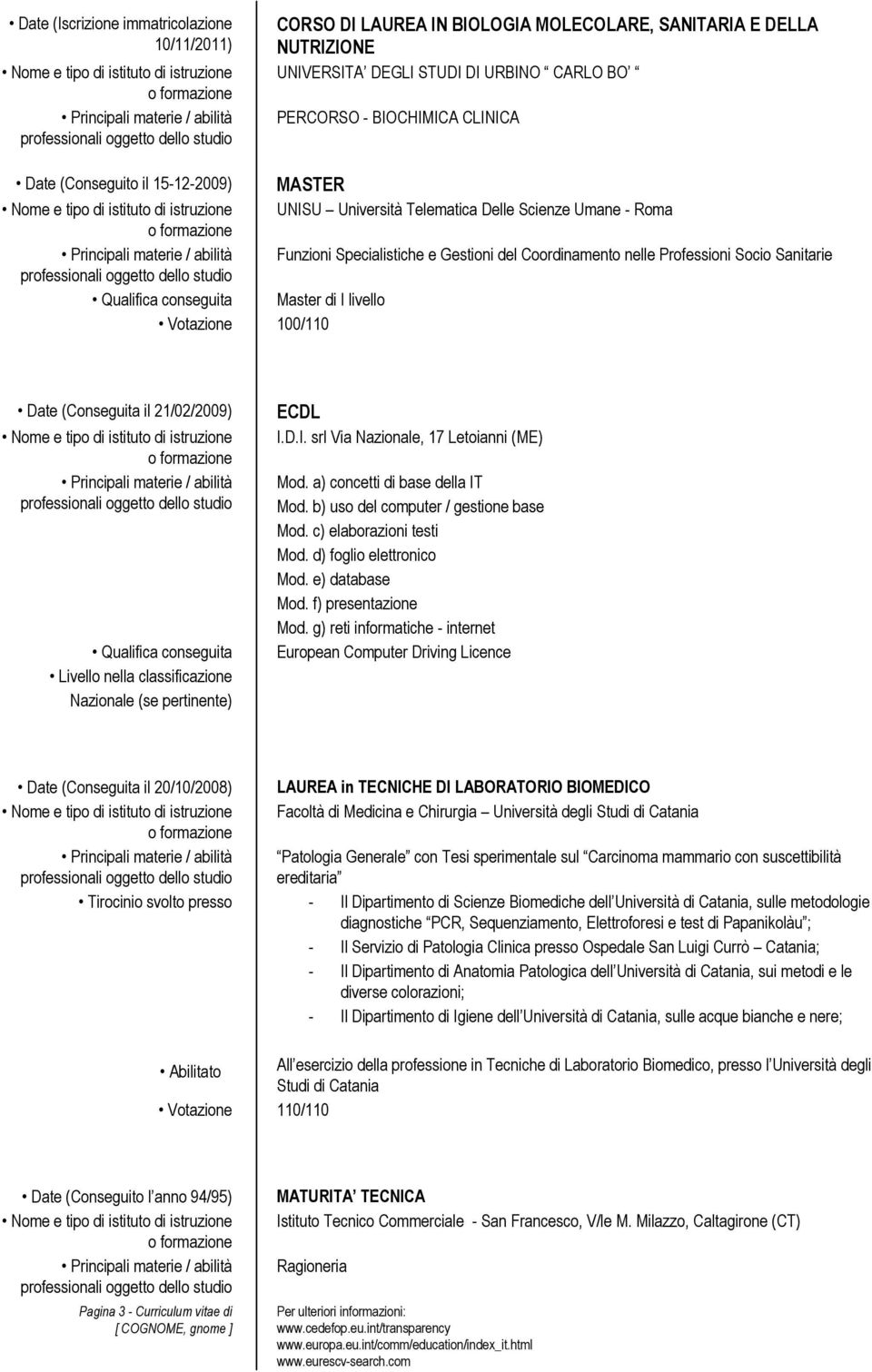 Master di I livello Votazione 100/110 Date (Conseguita il 21/02/2009) Qualifica conseguita Livello nella classificazione Nazionale (se pertinente) ECDL I.D.I. srl Via Nazionale, 17 Letoianni (ME) Mod.