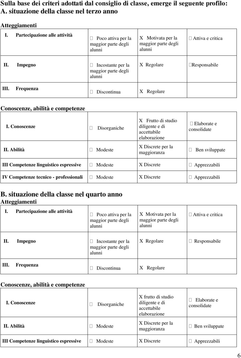 Impegno Incostante per la maggior parte degli alunni X Regolare Responsabile III. Frequenza Discontinua X Regolare Conoscenze, abilità e competenze I. Conoscenze Disorganiche II.