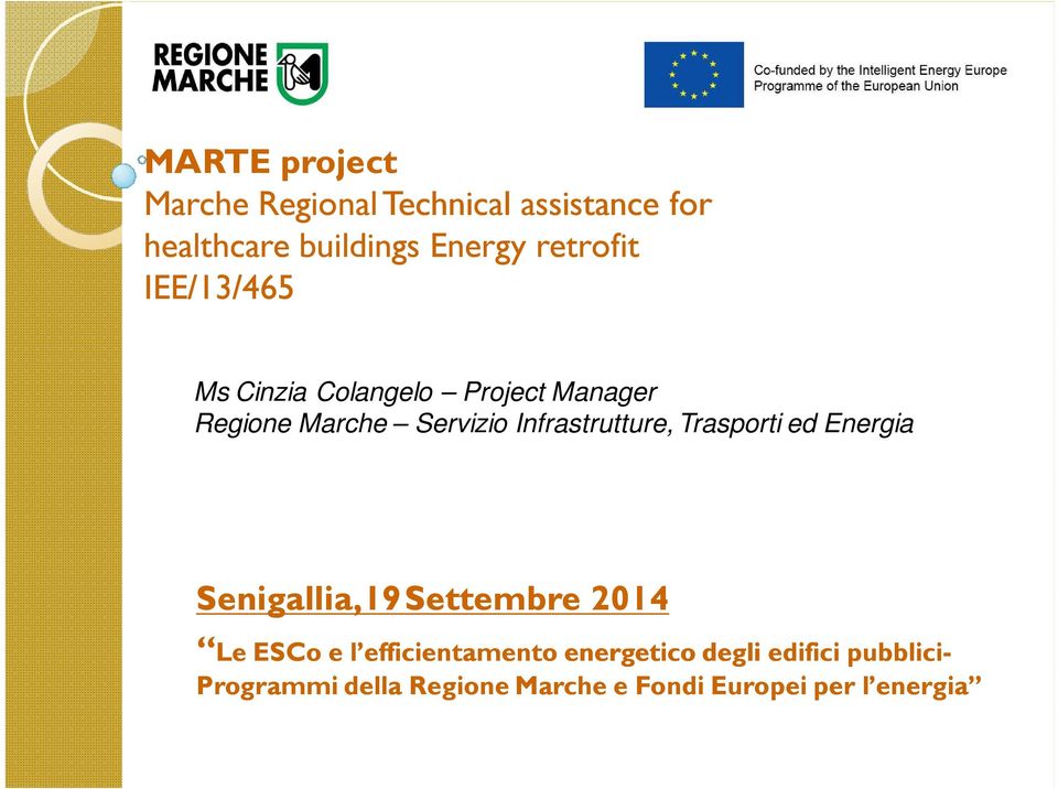 Infrastrutture, Trasporti ed Energia Senigallia,19Settembre Settembre 2014 Le ESCo e l