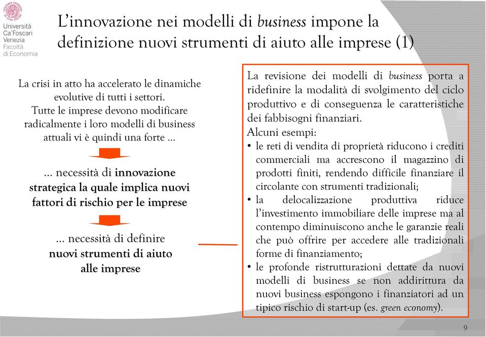 necessità di definire nuovi strumenti di aiuto alle imprese La revisione dei modelli di business porta a ridefinire la modalità di svolgimento del ciclo produttivo e di conseguenza le caratteristiche