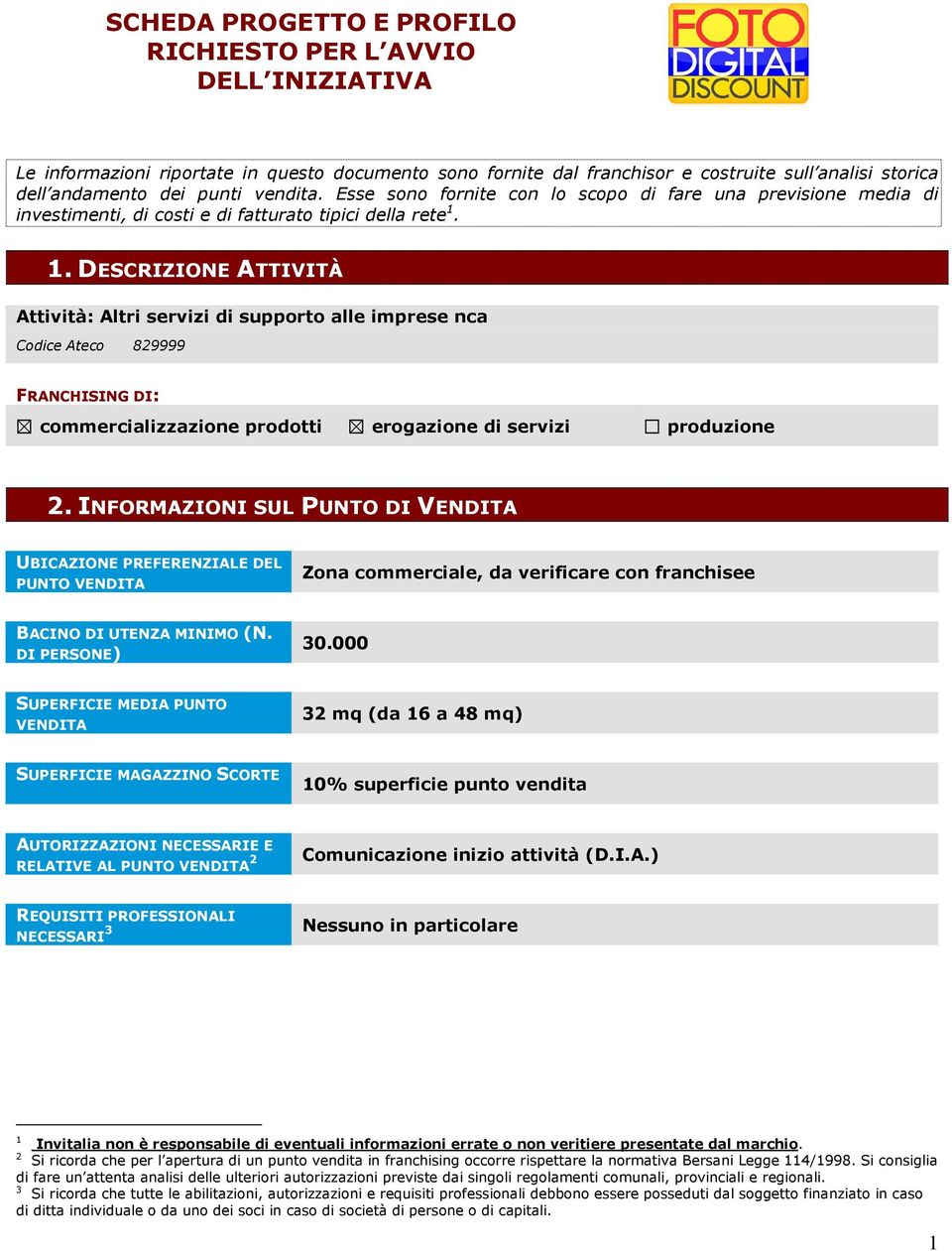 . DESCRIZIONE ATTIVITÀ Attività: Altri servizi di supporto alle imprese nca Codice Ateco 829999 FRANCHISING DI: commercializzazione prodotti erogazione di servizi produzione 2.