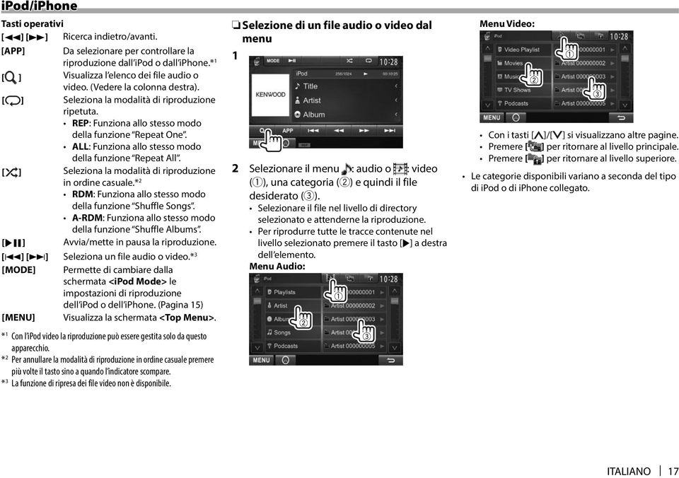 [ ] Seleziona la modalità di riproduzione in ordine casuale.* 2 RDM: Funziona allo stesso modo della funzione Shuffle Songs. A-RDM: Funziona allo stesso modo della funzione Shuffle Albums.