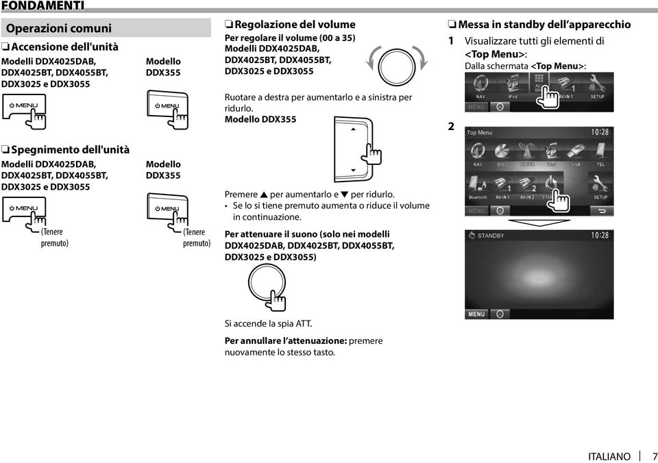 Modello DDX355 Messa in standby dell apparecchio 1 Visualizzare tutti gli elementi di <Top Menu>: Dalla schermata <Top Menu>: 2 Spegnimento dell'unità Modelli DDX4025DAB, DDX4025BT, DDX4055BT,