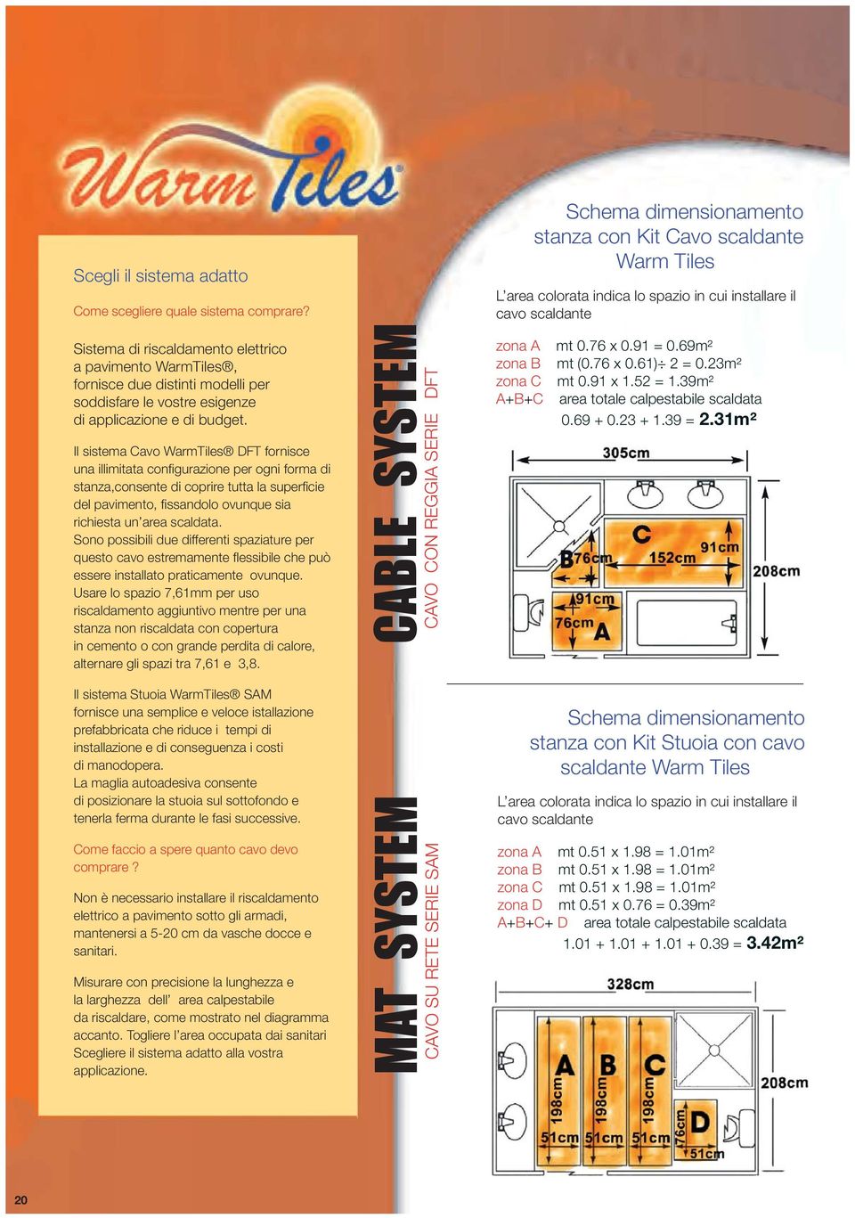 Il sistema Cavo WarmTiles DFT fornisce una illimitata confi gurazione per ogni forma di stanza,consente di coprire tutta la superfi cie del pavimento, fi ssandolo ovunque sia richiesta un area