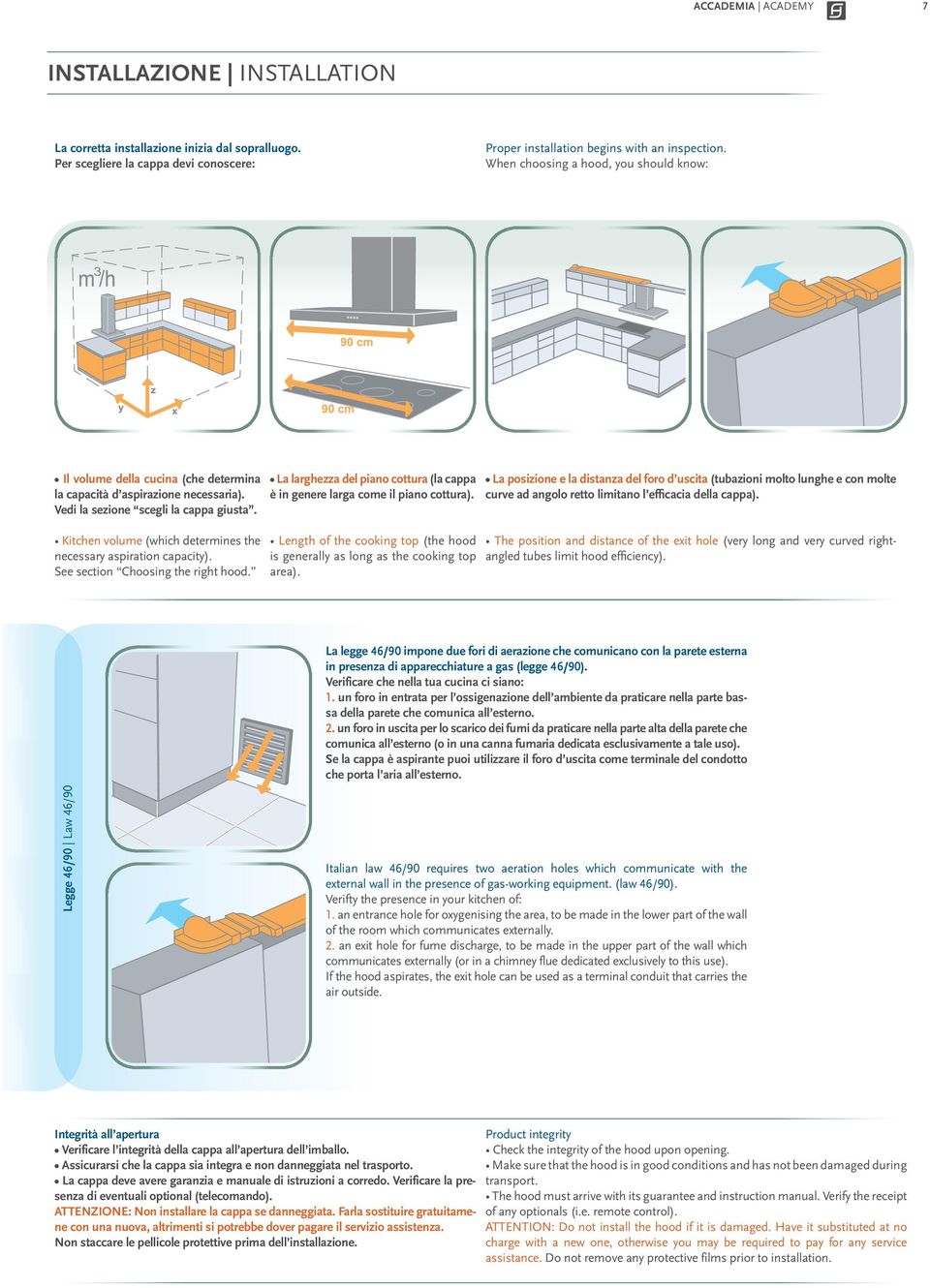 Kitchen volume (which determines the necessary aspiration capacity). See section Choosing the right hood. La larghezza del piano cottura (la cappa è in genere larga come il piano cottura).