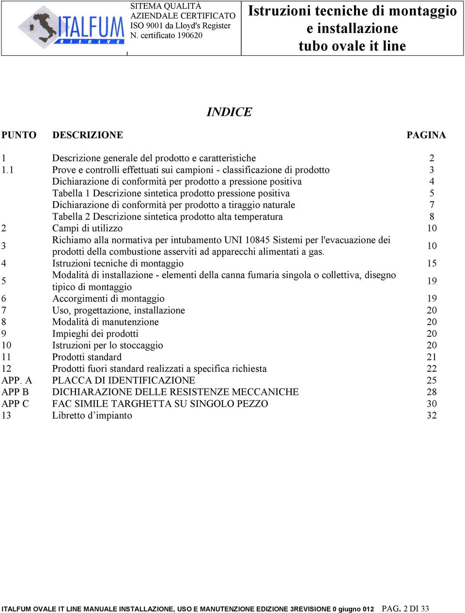 1 Prove e controlli effettuati sui campioni - classificazione di prodotto 3 Dichiarazione di conformità per prodotto a pressione positiva 4 Tabella 1 Descrizione sintetica prodotto pressione positiva