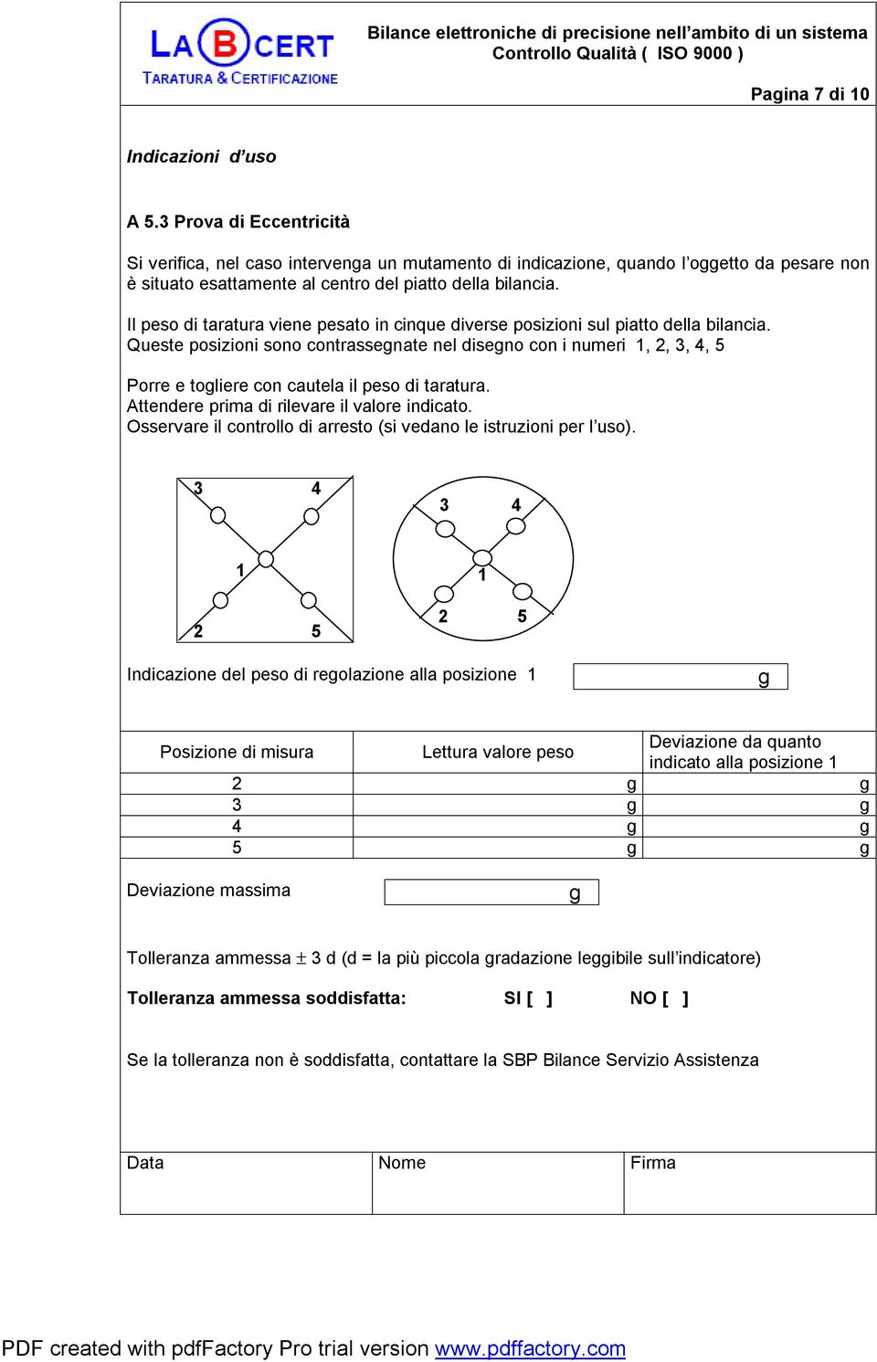 Il peso di taratura viene pesato in cinque diverse posizioni sul piatto della bilancia.