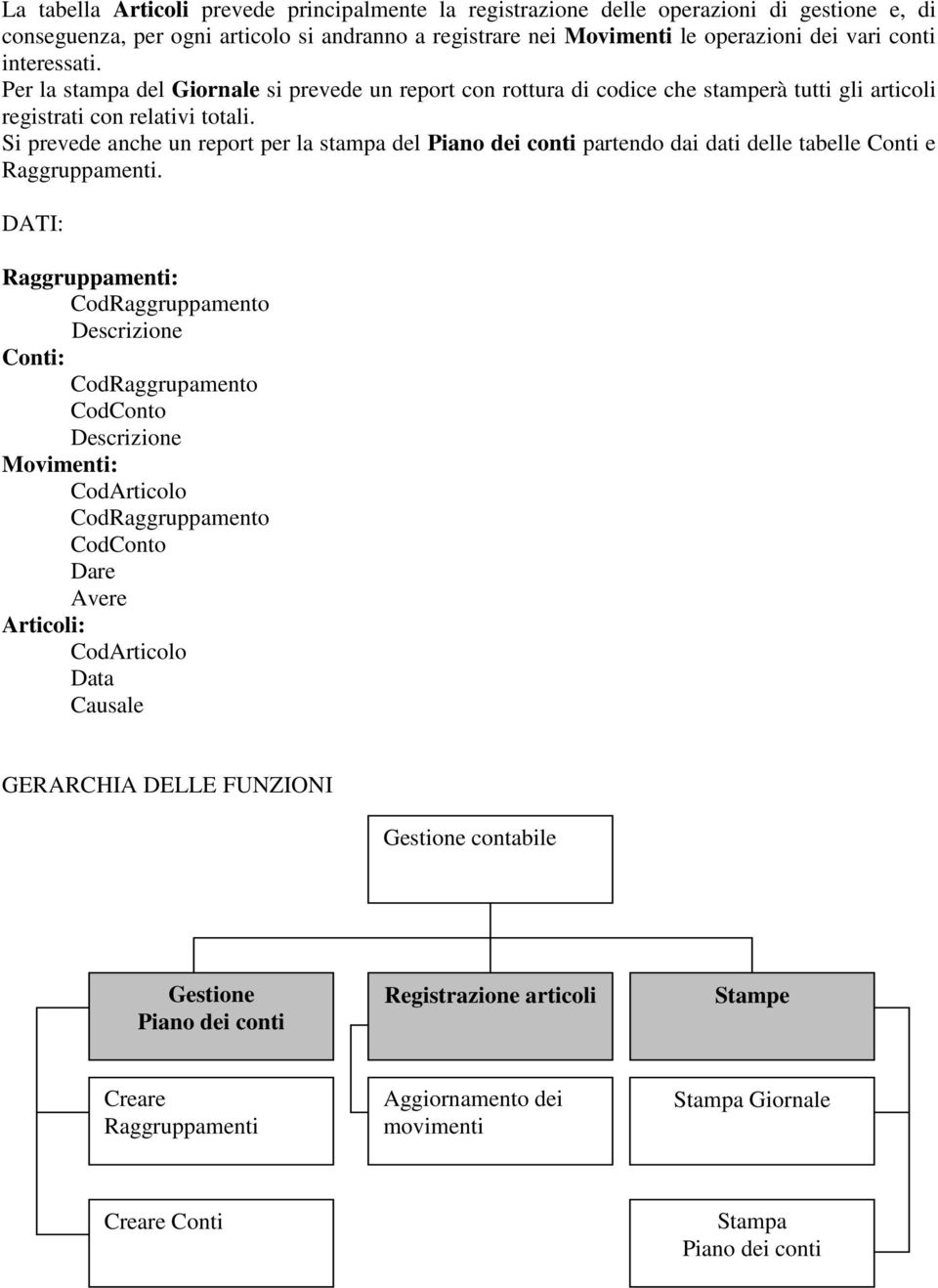 Si prevede anche un report per la stampa del Piano dei conti partendo dai dati delle tabelle Conti e Raggruppamenti.