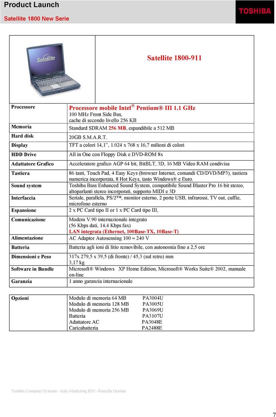 024 x 768 x 16,7 milioni di colori All in One con Floppy Disk e DVD-ROM 8x Acceleratore grafico AGP 64 bit, BitBLT, 3D, 16 MB Video RAM condivisa LAN integrata