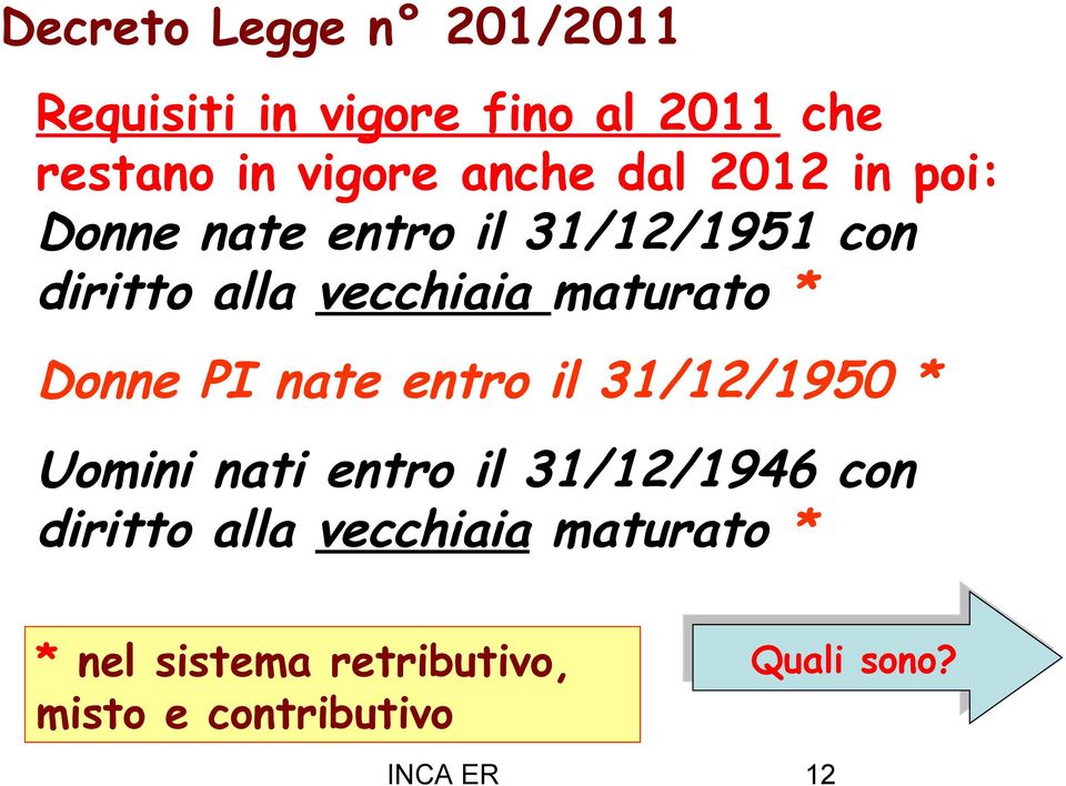 PI nate entro il 31/12/1950 * Uomini nati entro il 31/12/1946 con diritto alla vecchiaia