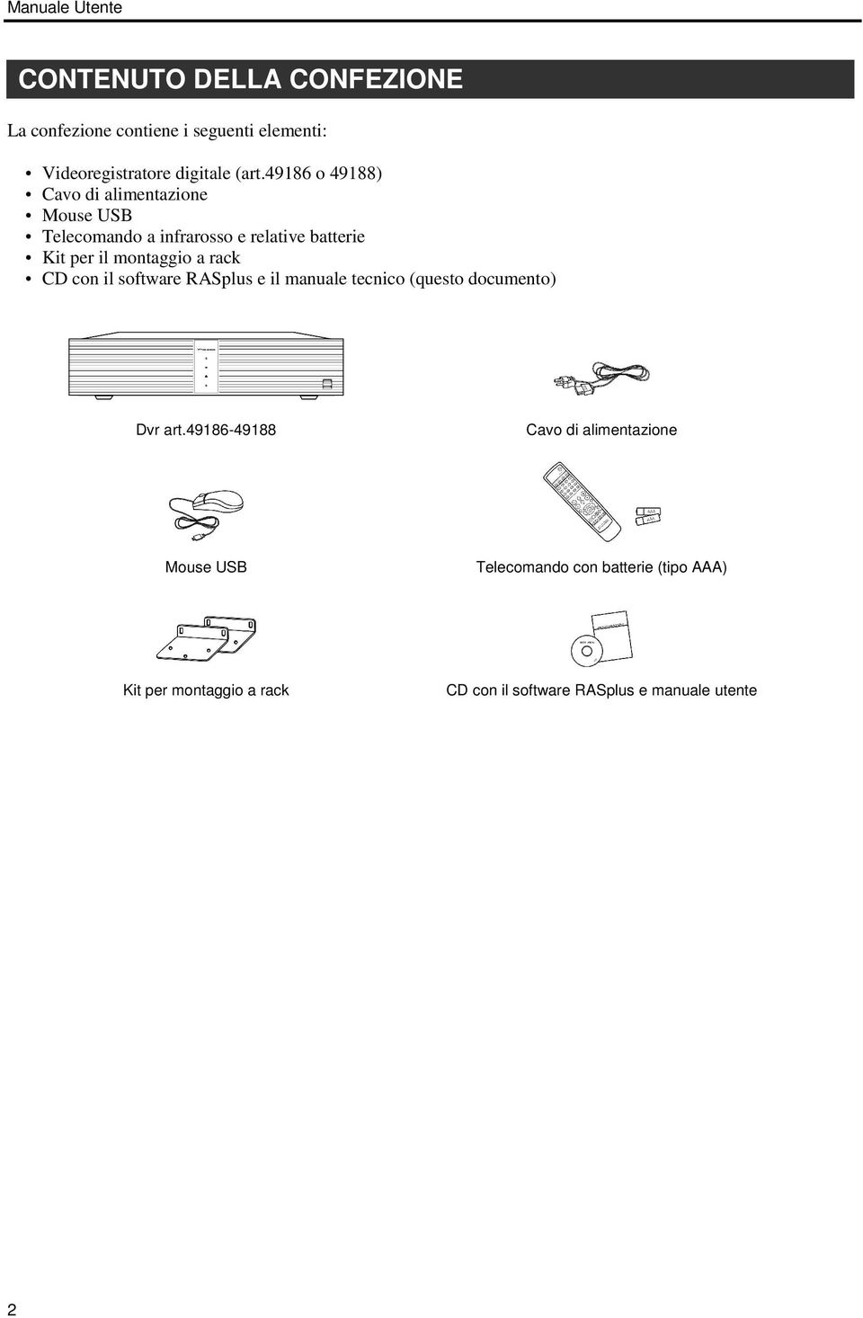 montaggio a rack CD con il software RASplus e il manuale tecnico (questo documento) Dvr art.