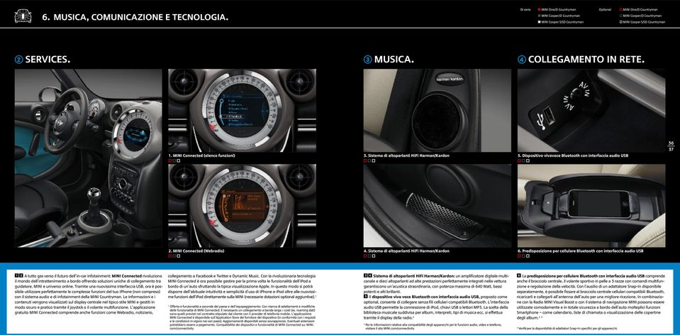 COLLEGAMENTO IN RETE.. MINI Connected (elenco funzioni) 3. Sistema di altoparlanti HiFi Harman/Kardon 5. Dispositivo vivavoce Bluetooth con interfaccia audio USB 36 37 2. MINI Connected (Webradio) 4.