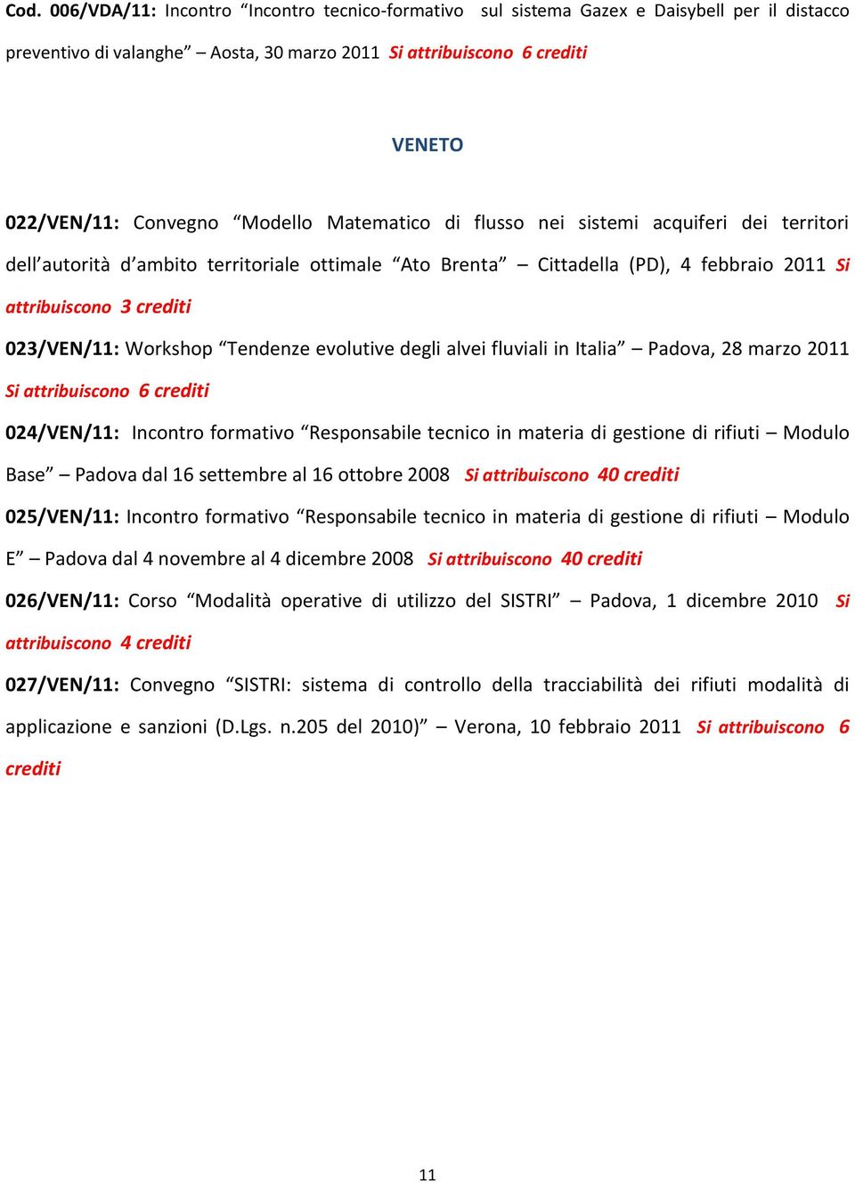 evolutive degli alvei fluviali in Italia Padova, 28 marzo 2011 Si attribuiscono 6 024/VEN/11: Incontro formativo Responsabile tecnico in materia di gestione di rifiuti Modulo Base Padova dal 16