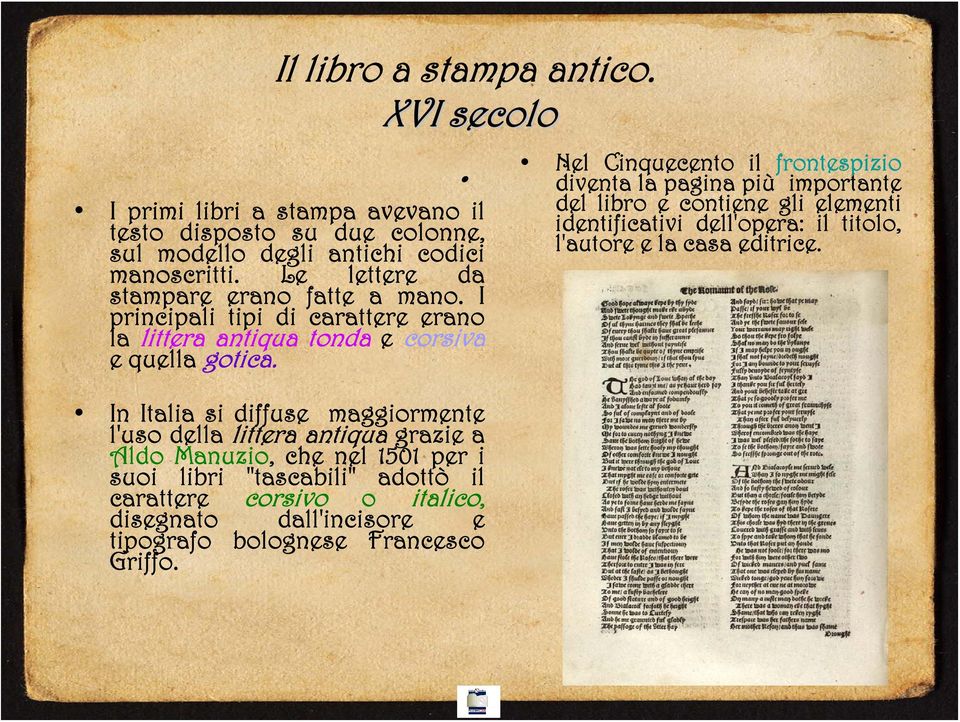 In Italia si diffuse maggiormente l'uso della littera antiqua grazie a Aldo Manuzio, che nel 1501 per i suoi libri "tascabili" adottò il carattere corsivo o italico,